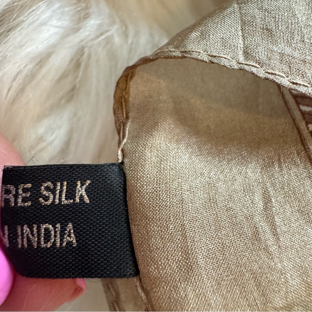 100% Pure Silk Floral Scarf | Golden Tan & Mauve Pink-ish 20" x 68" Spring Piece - Picture 9 of 9